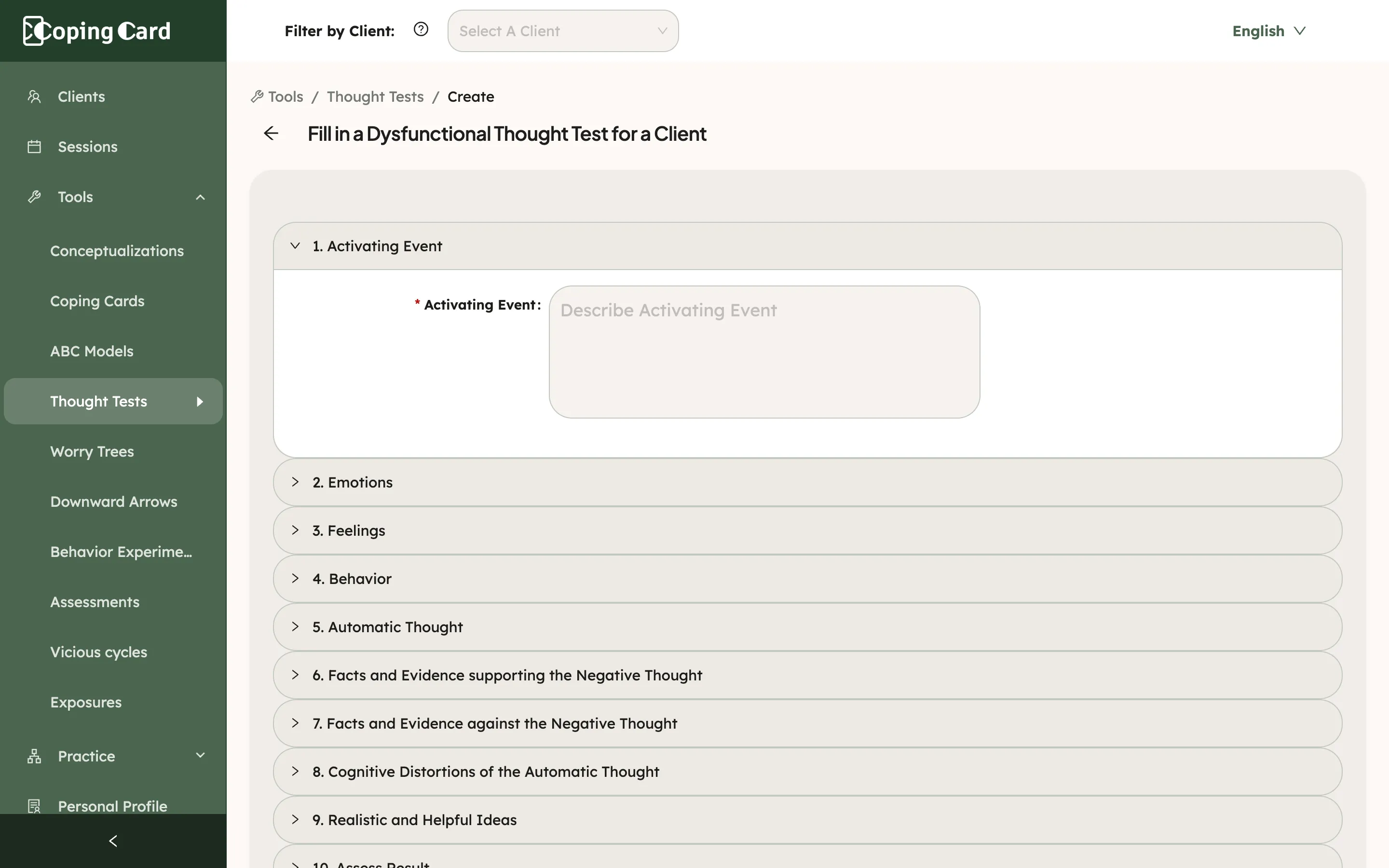 The form for filling in a Dysfunctional Thought Test for a client, with its numbered sections from Activating Event onwards