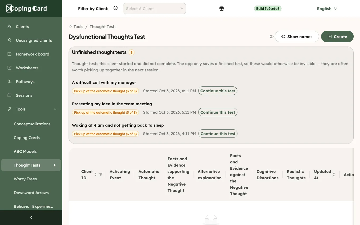 The Unfinished thought tests section: each open test with the step to pick up at, when it was started and a Continue this test button