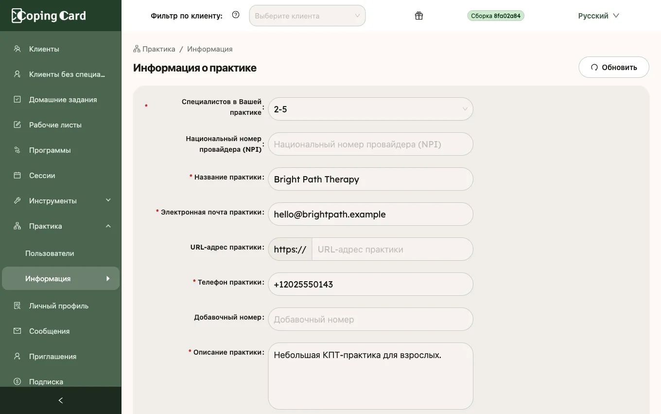 Информация о практике с заполненными названием, электронной почтой, телефоном и описанием практики