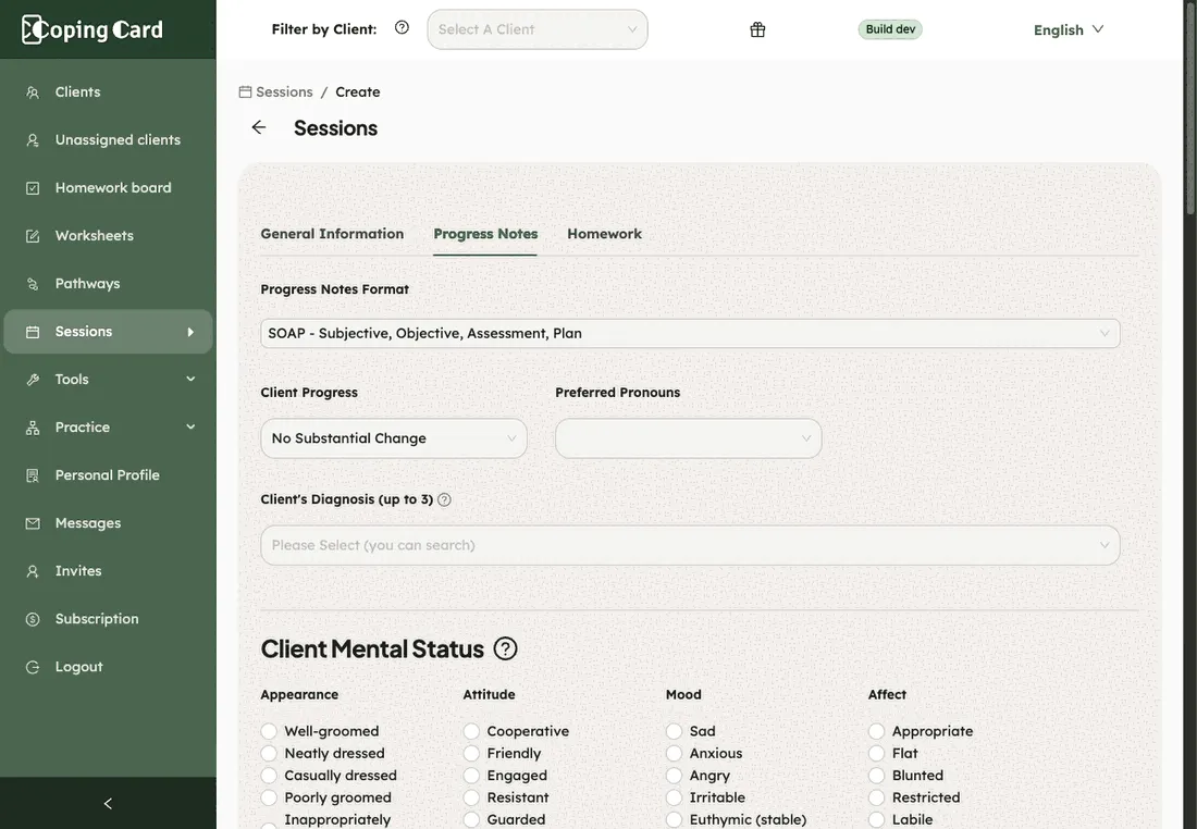 The Progress Notes tab: the format, client progress, pronouns, diagnosis and the start of the mental status section