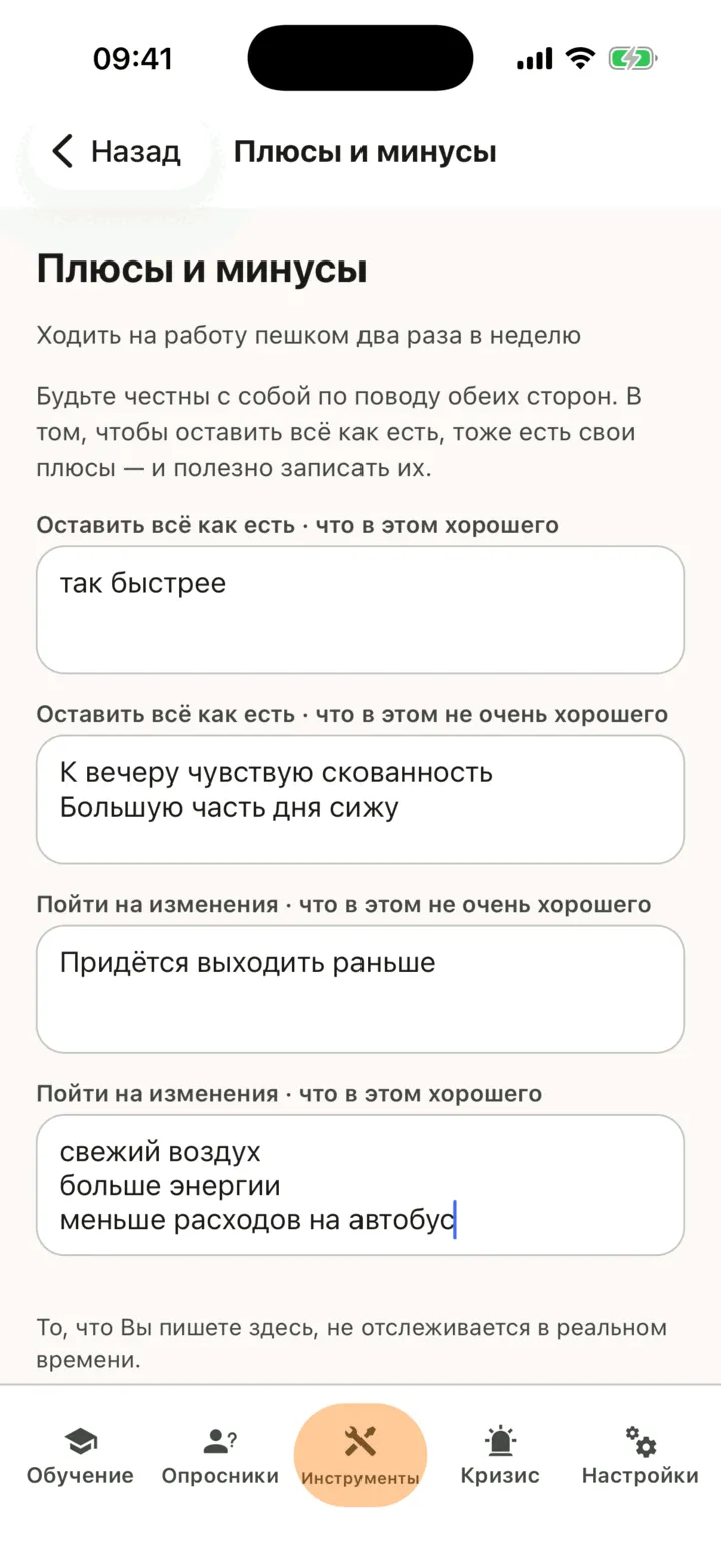 Плюсы и минусы с четырьмя заполненными полями, по одному пункту на строку