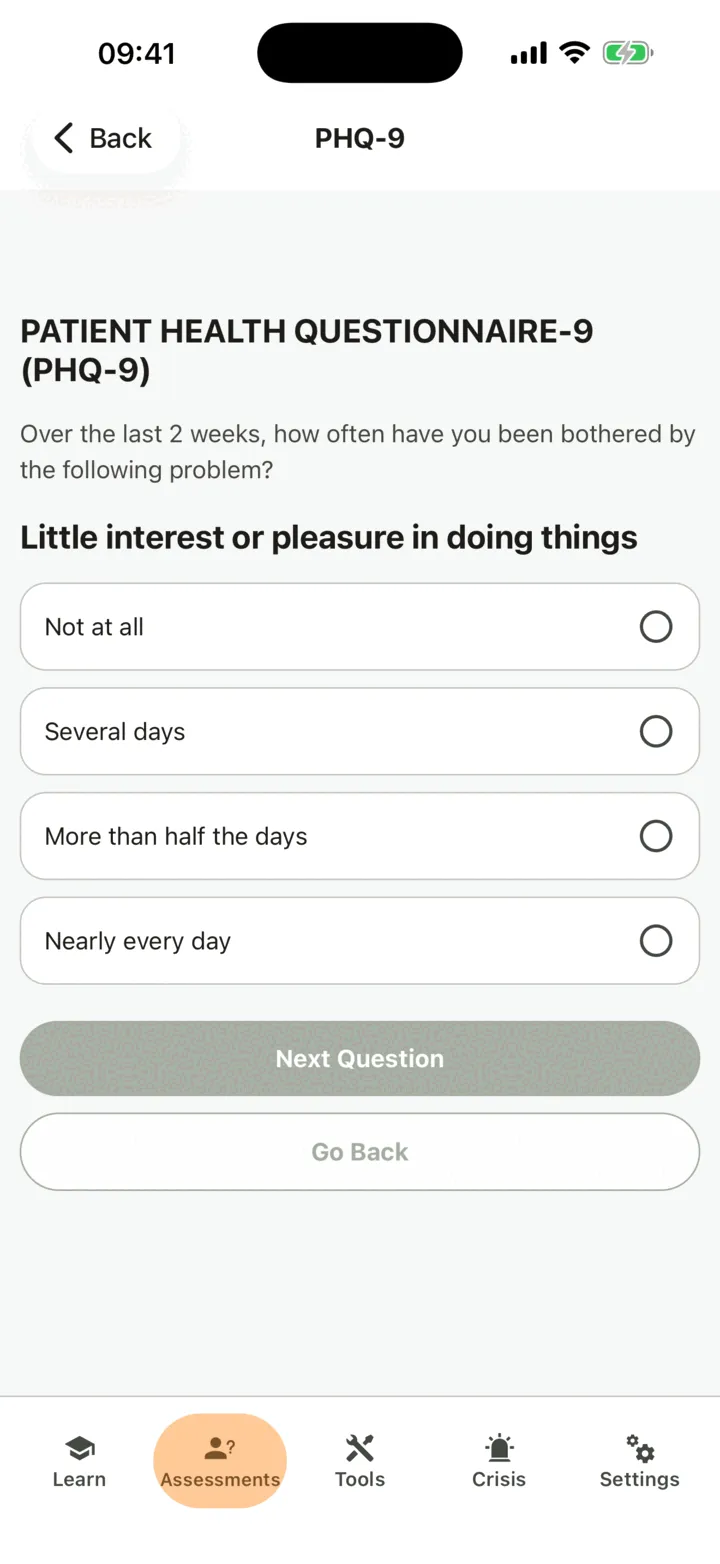 One assessment question with its four answers and the Next Question button