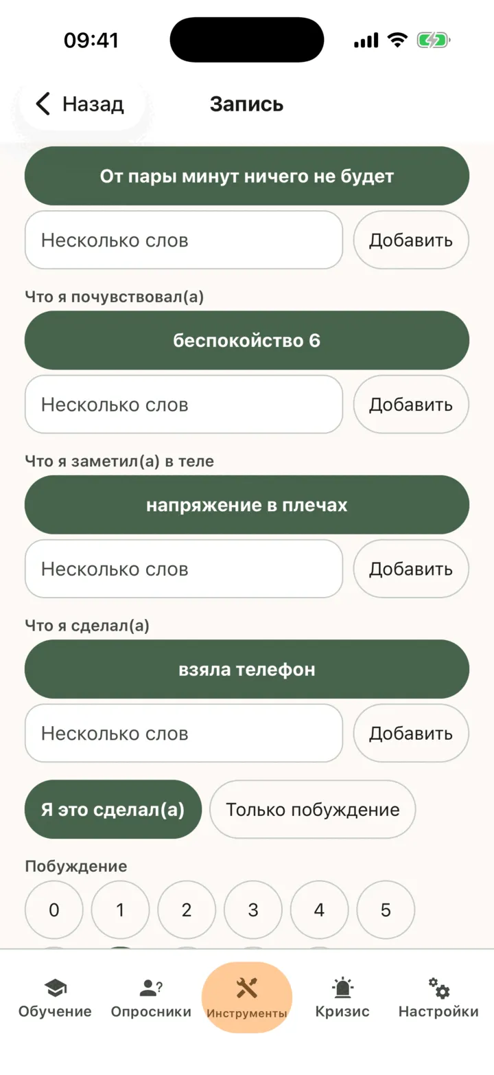Экран записи «произошло»: заполнены пункты уязвимости, запускающее событие, шаги, а также строки Сразу, Потом и Что изменить в следующий раз
