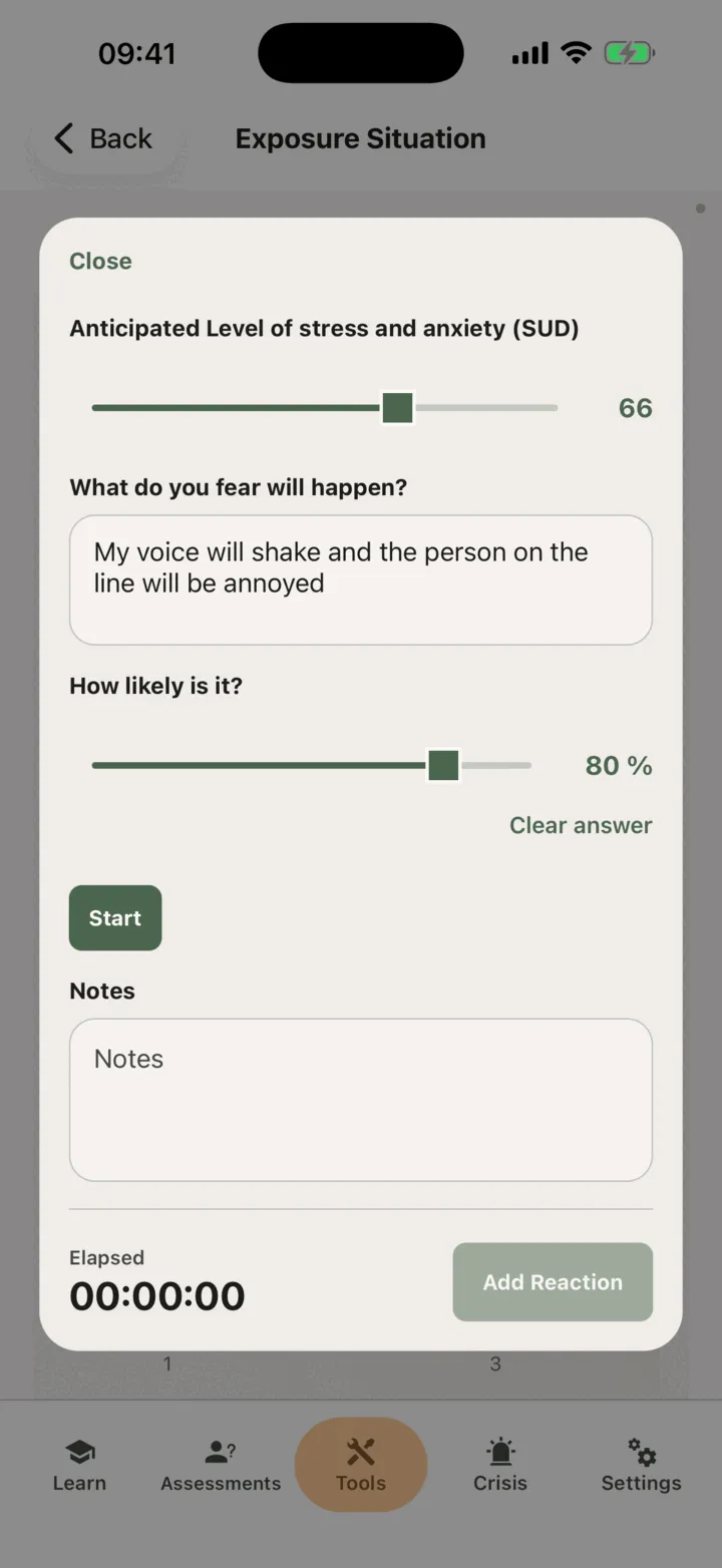 The session editor before Start, with the anticipated stress slider at 66, the fear written in What do you fear will happen?, and How likely is it? at 80 %