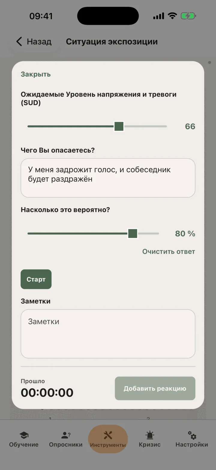 Редактор сеанса перед кнопкой «Старт»: ползунок ожидаемого напряжения на 66, то, чего опасается клиент, в поле «Чего Вы опасаетесь?» и 80 % в поле «Насколько это вероятно?»
