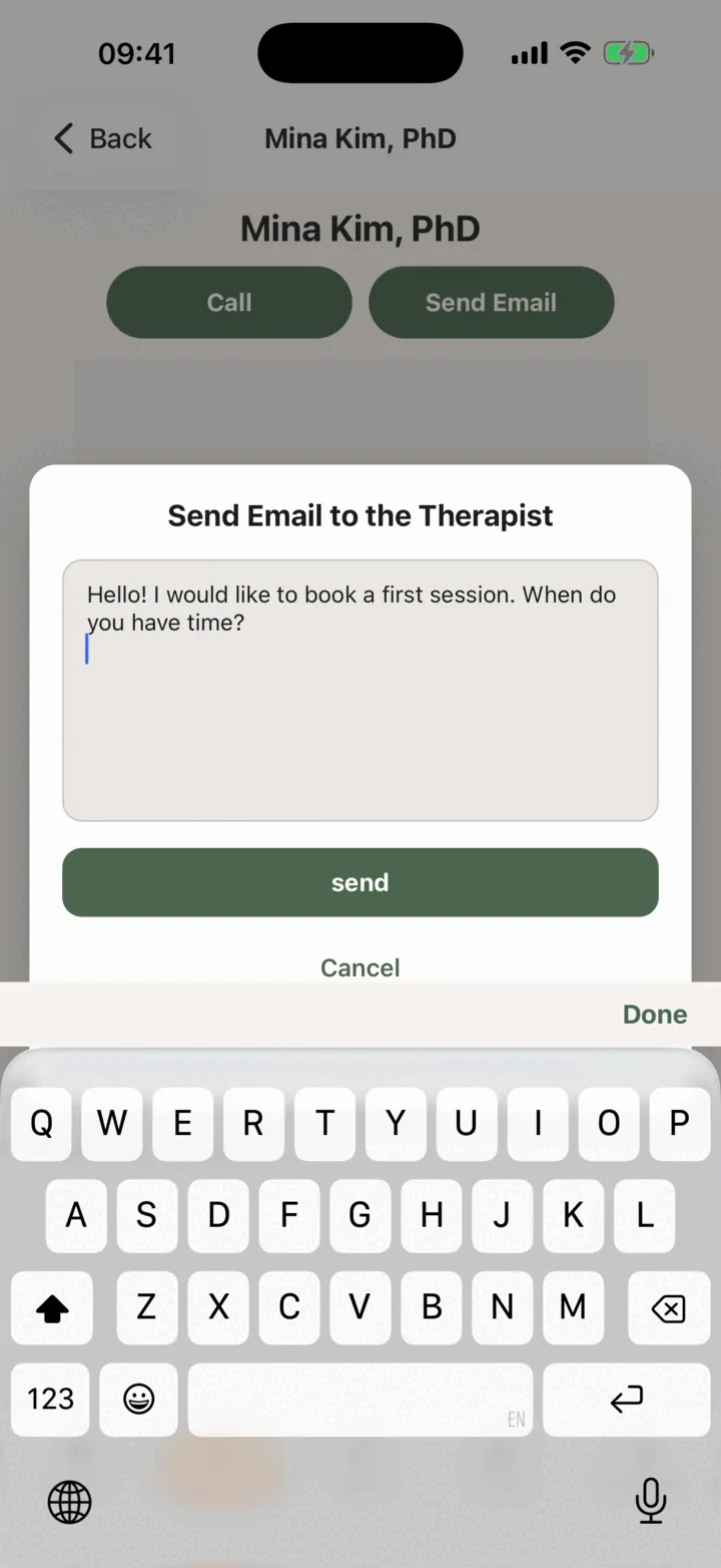 Send Email to the therapist with a message typed in the box