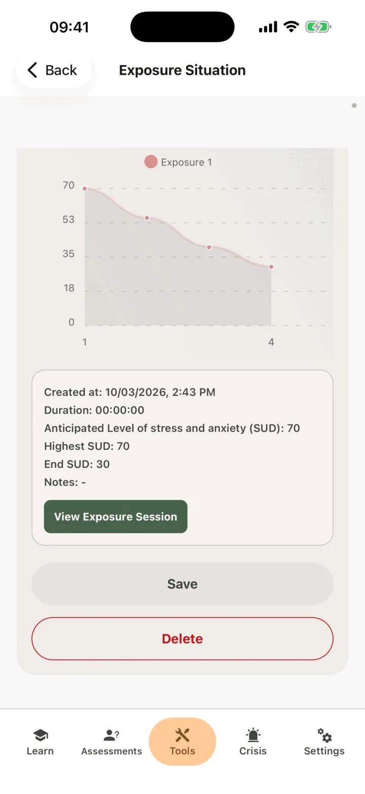 The situation screen with its graph and a session card showing the highest and the end stress level