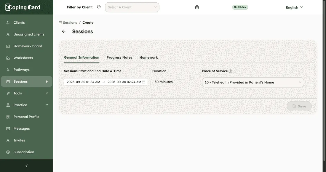 The session form for a client: start and end time, the calculated duration and the place of service
