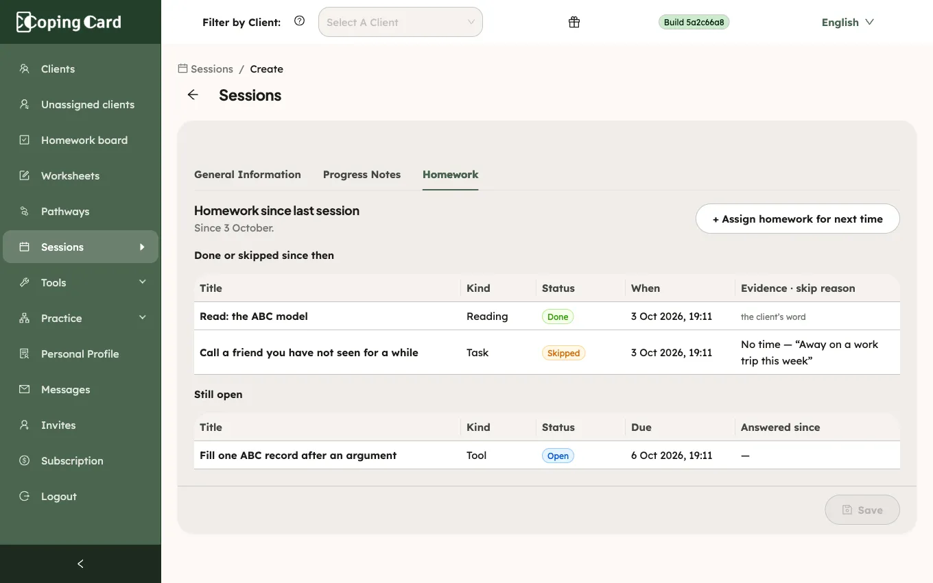 The Homework tab of a session form: Homework since last session, with a Done or skipped since then table and a Still open table