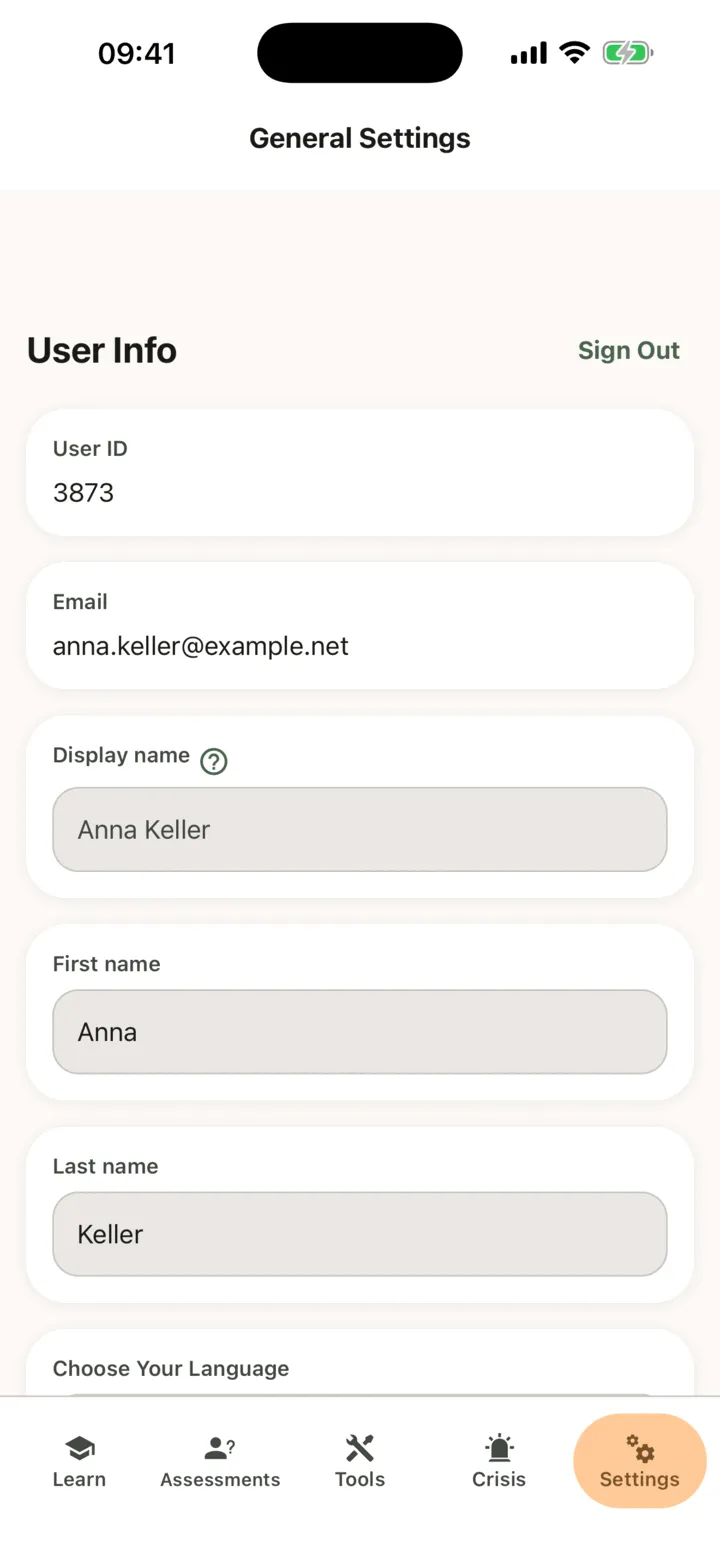General Settings: User Info with User ID, Email, Display name, First name and Last name, and Choose Your Language at the bottom edge