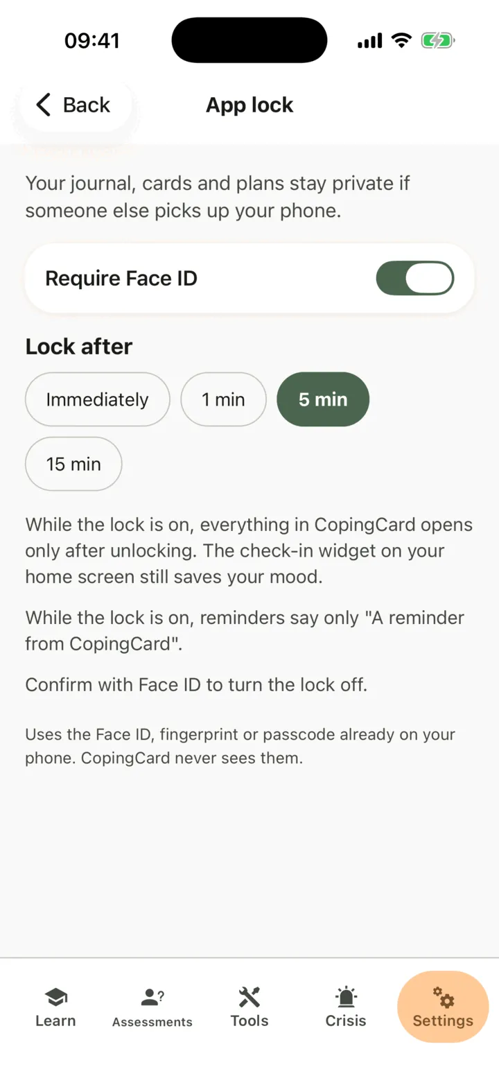 App lock with the switch on and Lock after 5 min chosen
