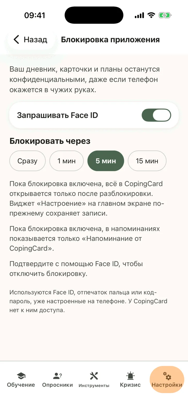 «Блокировка приложения» с включённым переключателем и выбранным вариантом «5 мин» в пункте «Блокировать через»