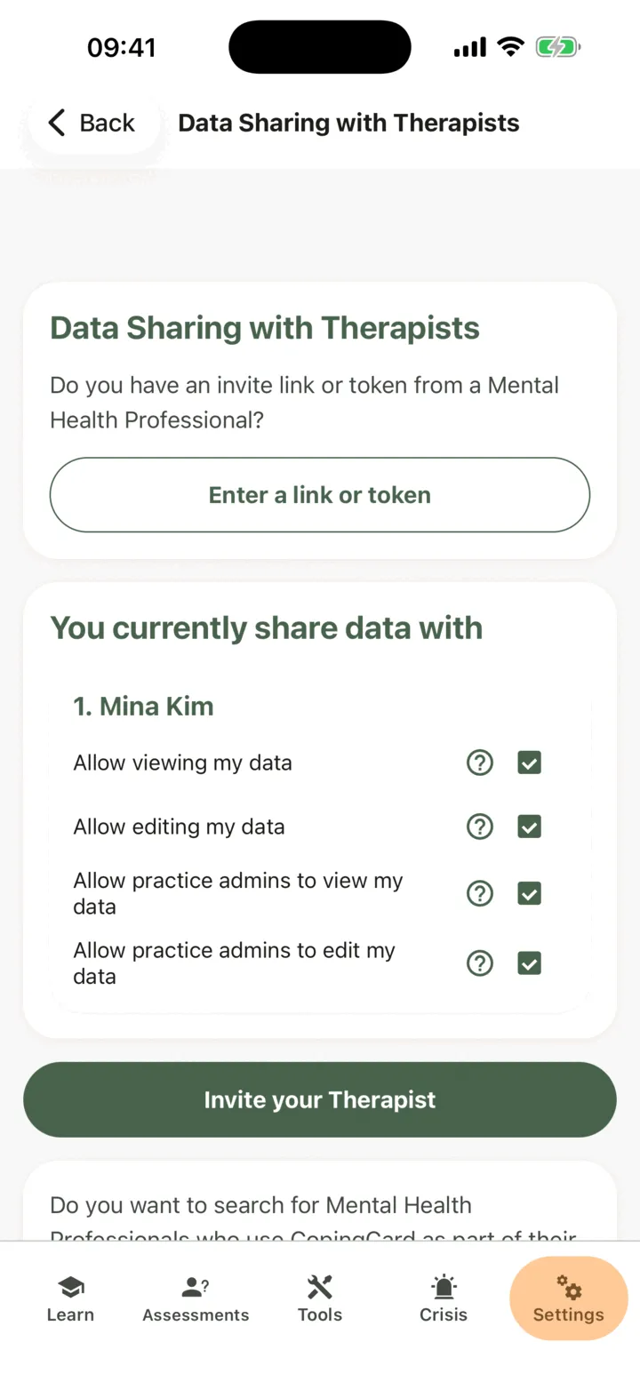 Data Sharing with Therapists with one therapist listed under You currently share data with