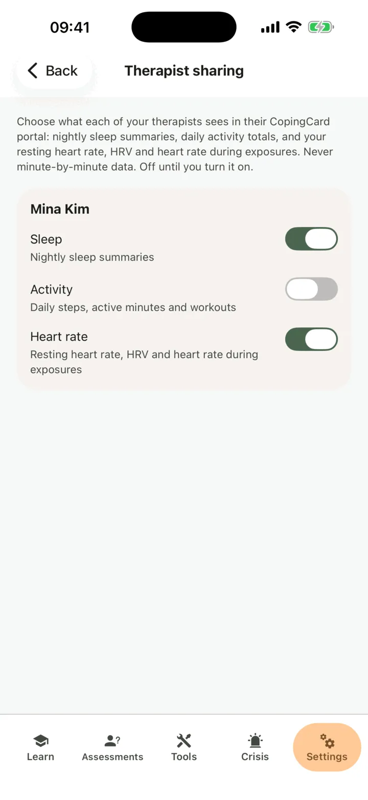 Therapist sharing: one therapist with the Sleep, Activity and Heart rate switches, Sleep and Heart rate on