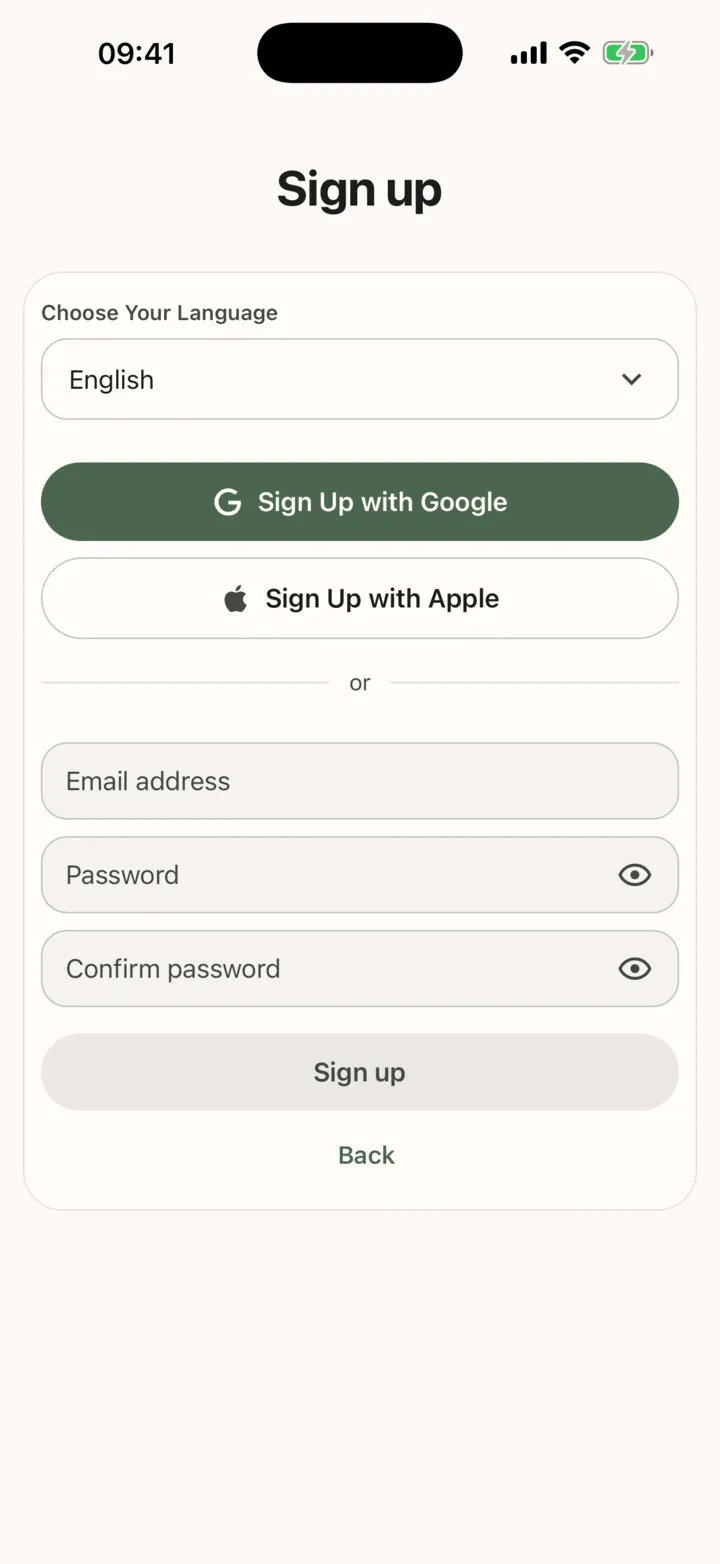The sign-up form: language, Sign Up with Google and Apple, e-mail, password and confirm password, and the Sign up button