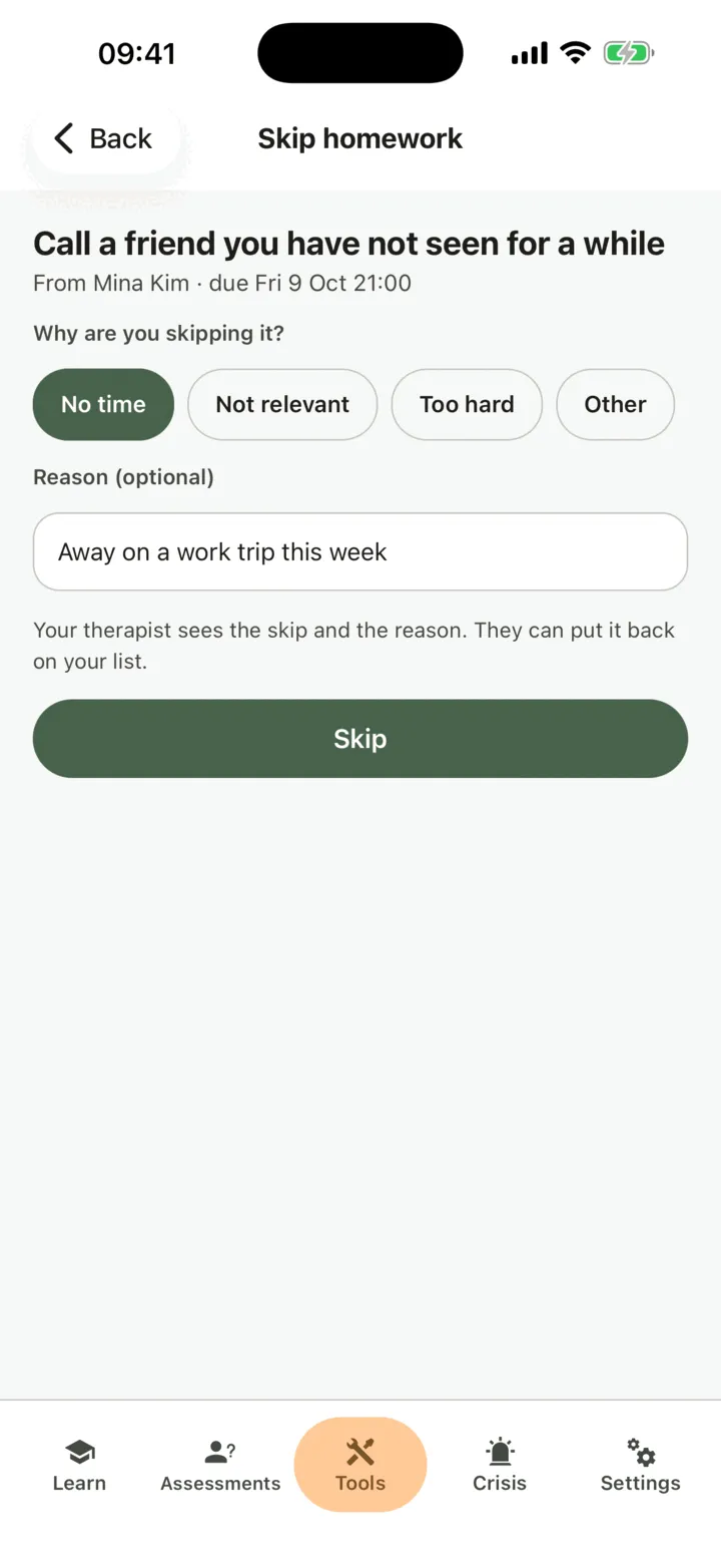 Skip homework: the four reasons, the optional line for a few words and the Skip button