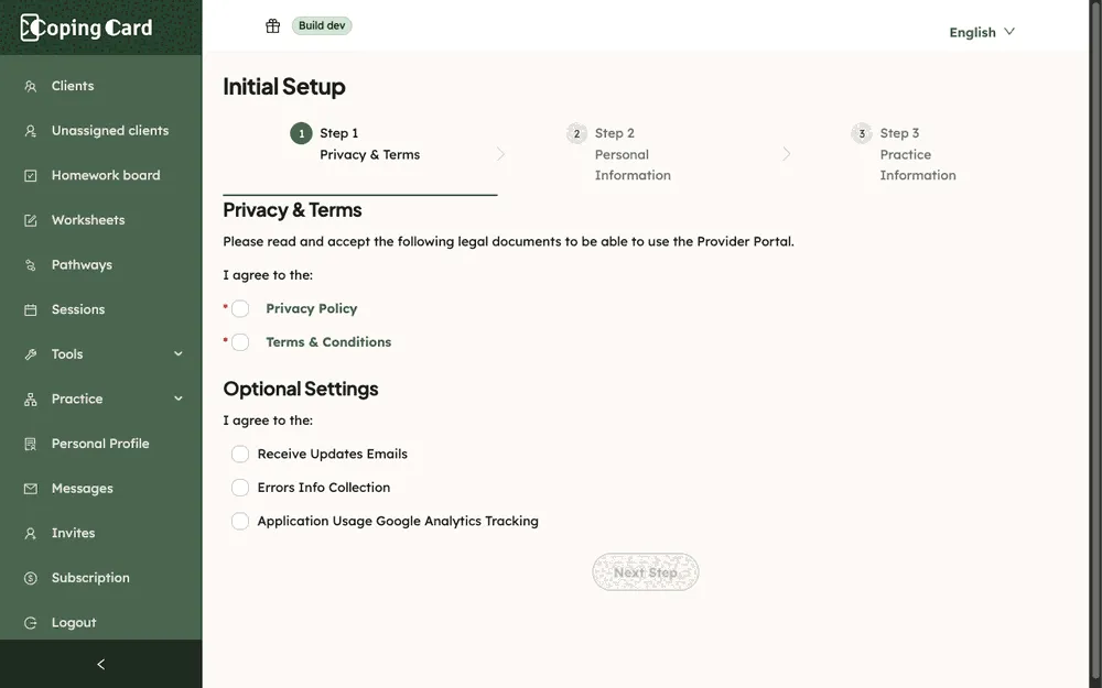 Initial Setup, step 1: Privacy & Terms, with the two required boxes and the optional settings