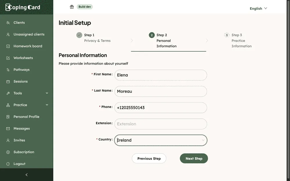Initial Setup, step 2: Personal Information filled in with a first name, last name, phone number and country