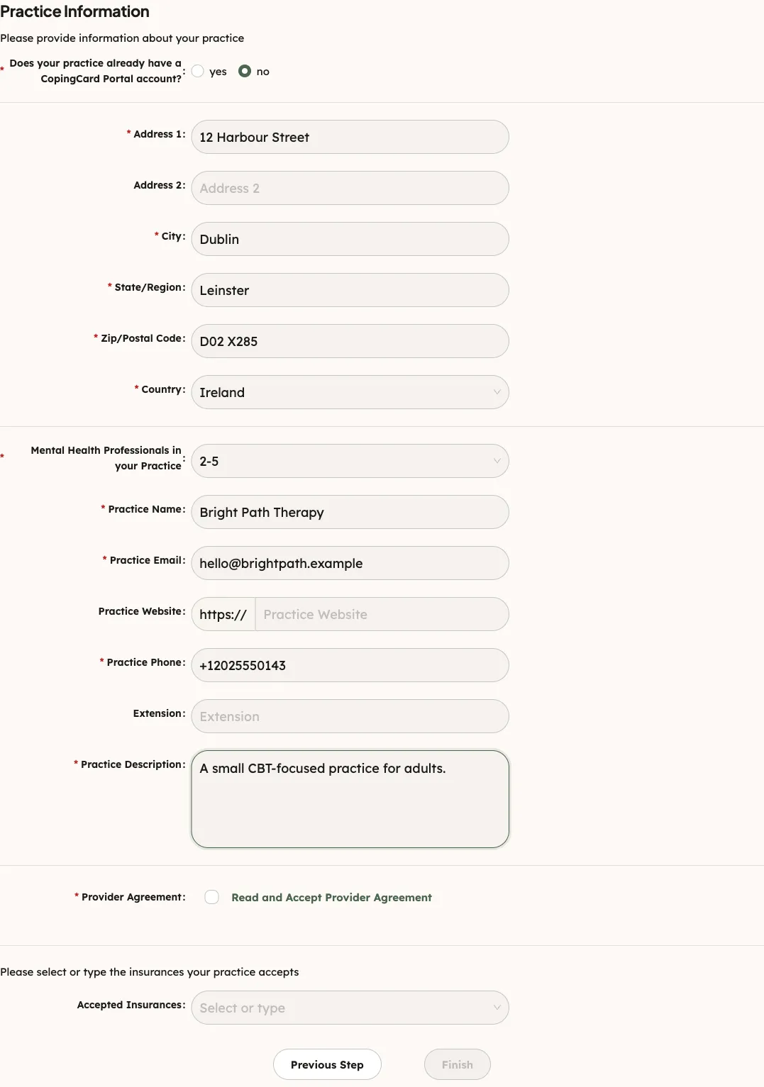 The practice form of Initial Setup, from Address 1 to the Provider Agreement