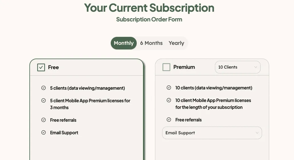 The Subscription page with the Monthly, 6 Months and Yearly switch, the Free card and the Premium card with its client and support drop-downs