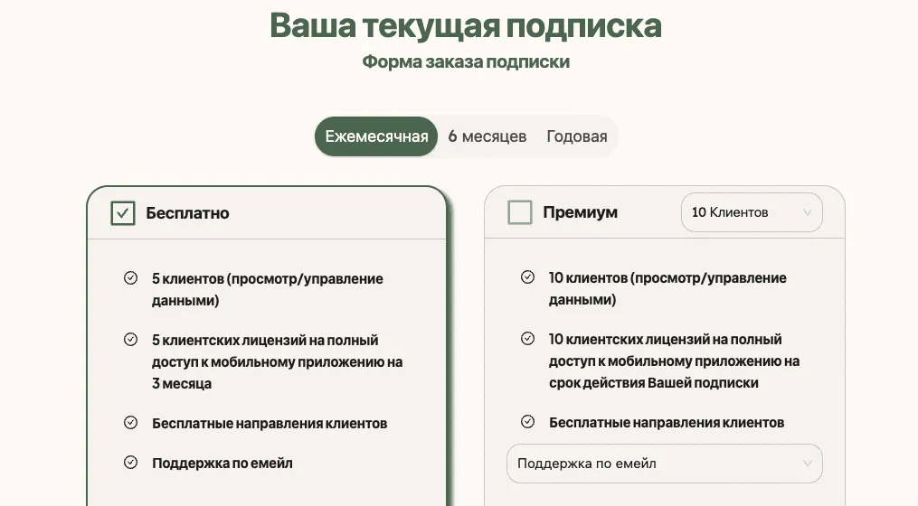Страница «Подписка» с переключателем «Ежемесячная», «6 месяцев» и «Годовая», карточкой «Бесплатно» и карточкой «Премиум» с раскрывающимися списками клиентов и поддержки