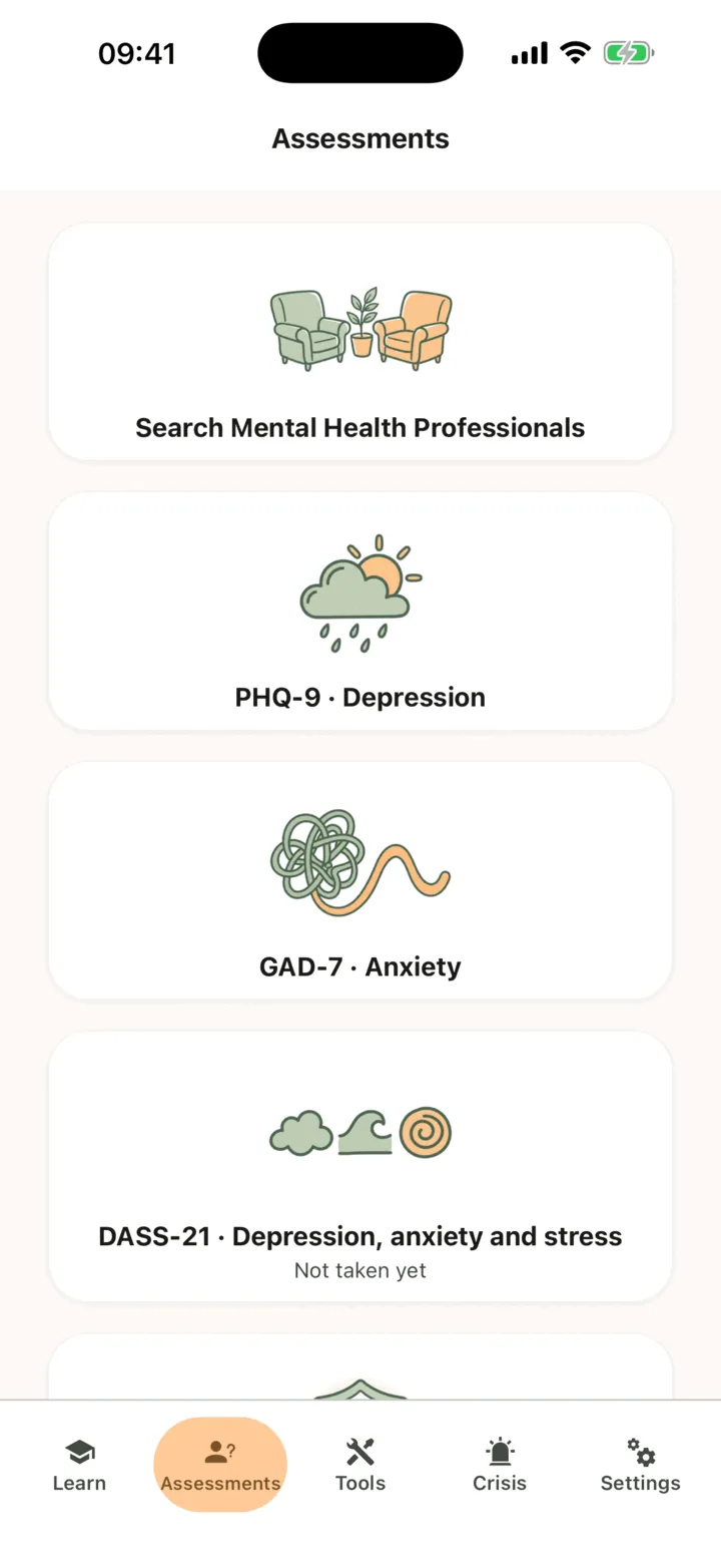 The Assessments tab with Search Mental Health Professionals and the PHQ-9 · Depression, GAD-7 · Anxiety and DASS-21 tiles