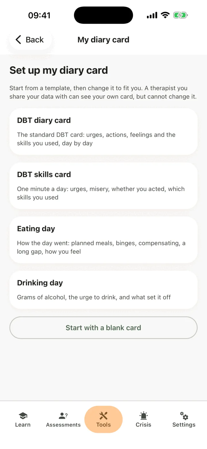 Set up my diary card with four templates, DBT diary card, DBT skills card, Eating day and Drinking day, and the Start with a blank card button