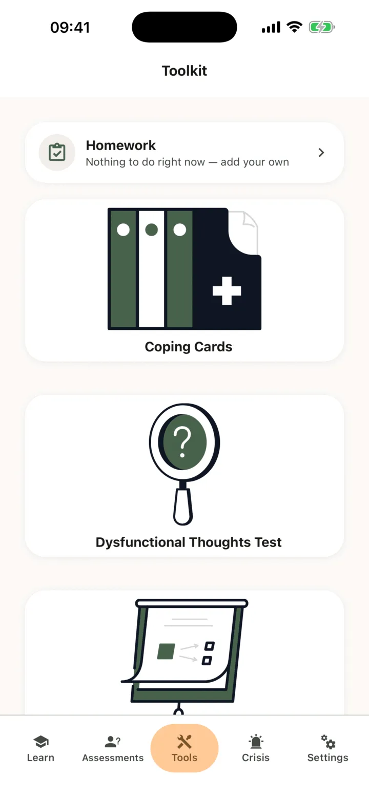 The Tools tab with the Coping Cards card