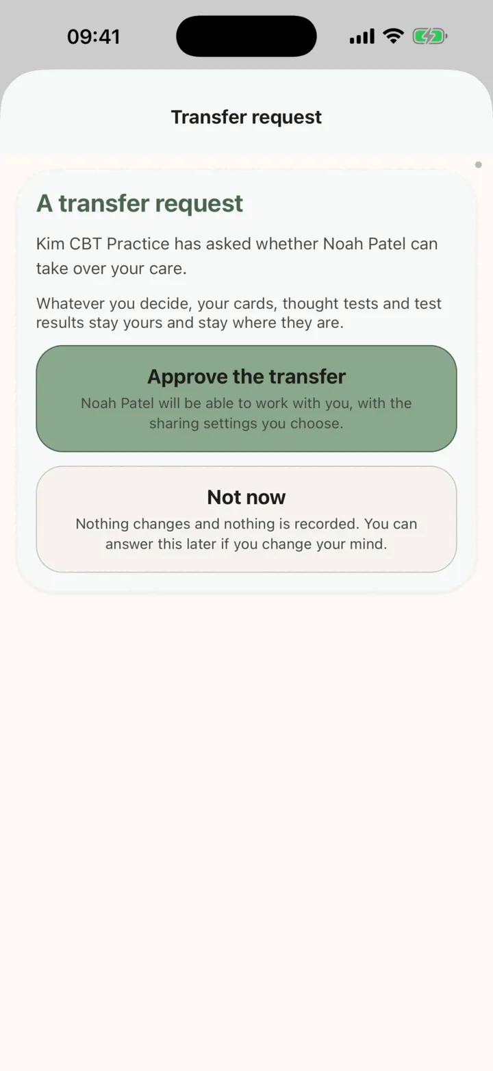 The screen A transfer request with the buttons to approve the transfer or to answer later