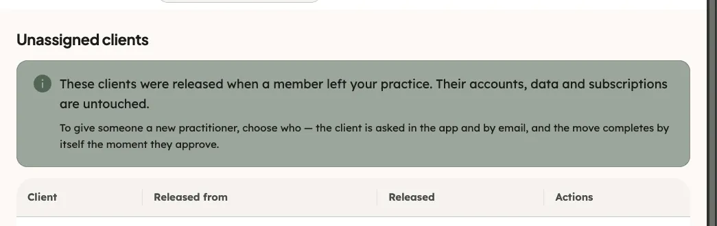 The Unassigned clients page with its two lines of explanation and the list of released clients