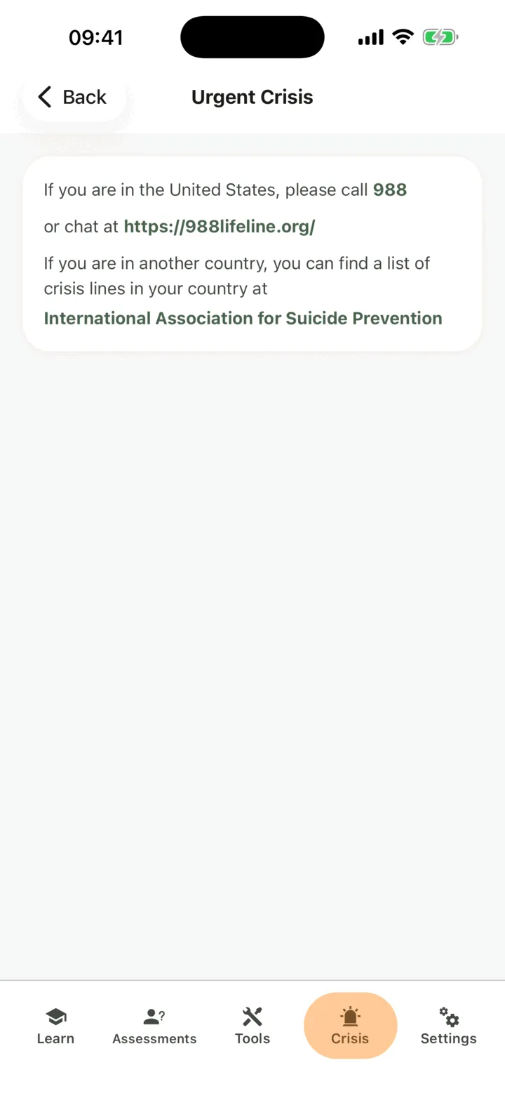 The Urgent Crisis screen with its list of help lines and links