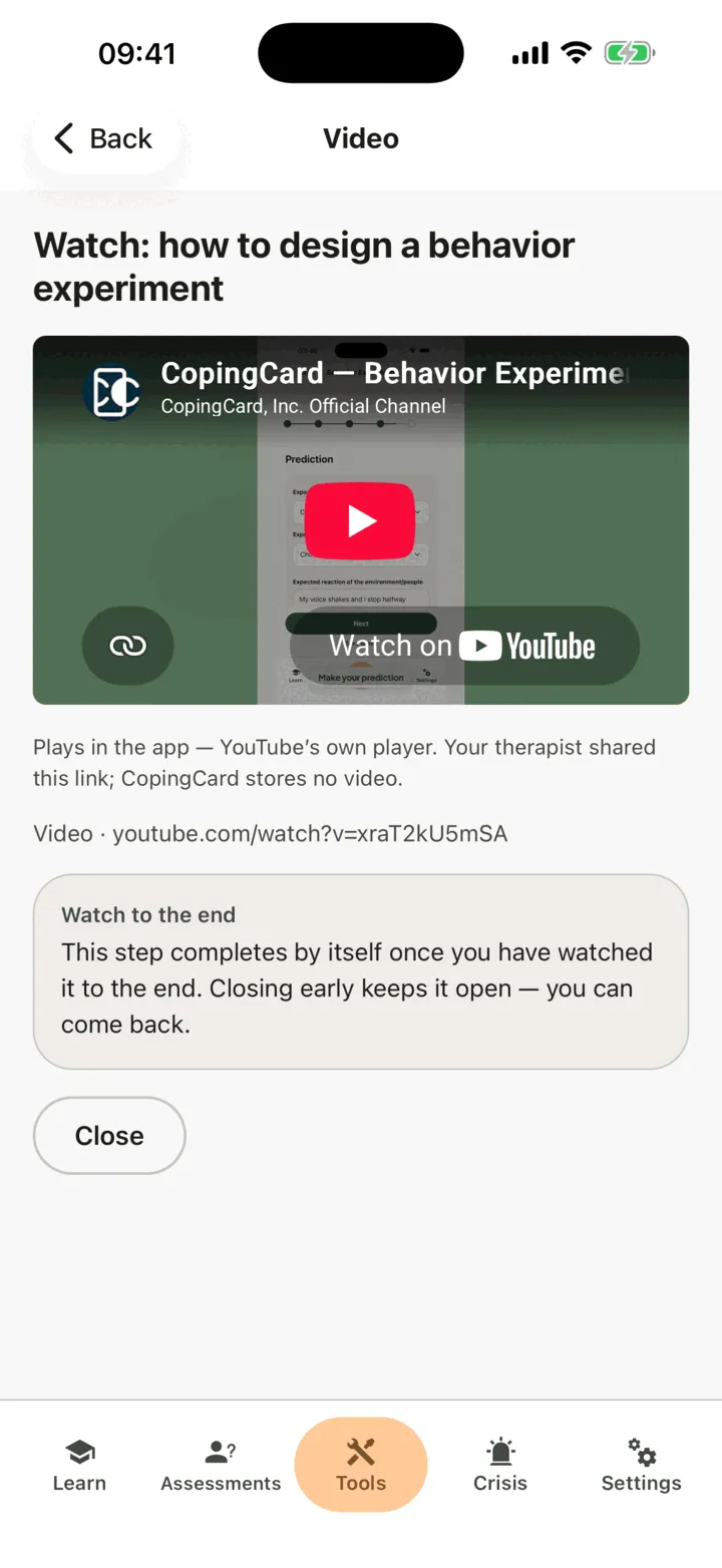 The video player: the title, the video, a line saying to watch it to the end and the Close button