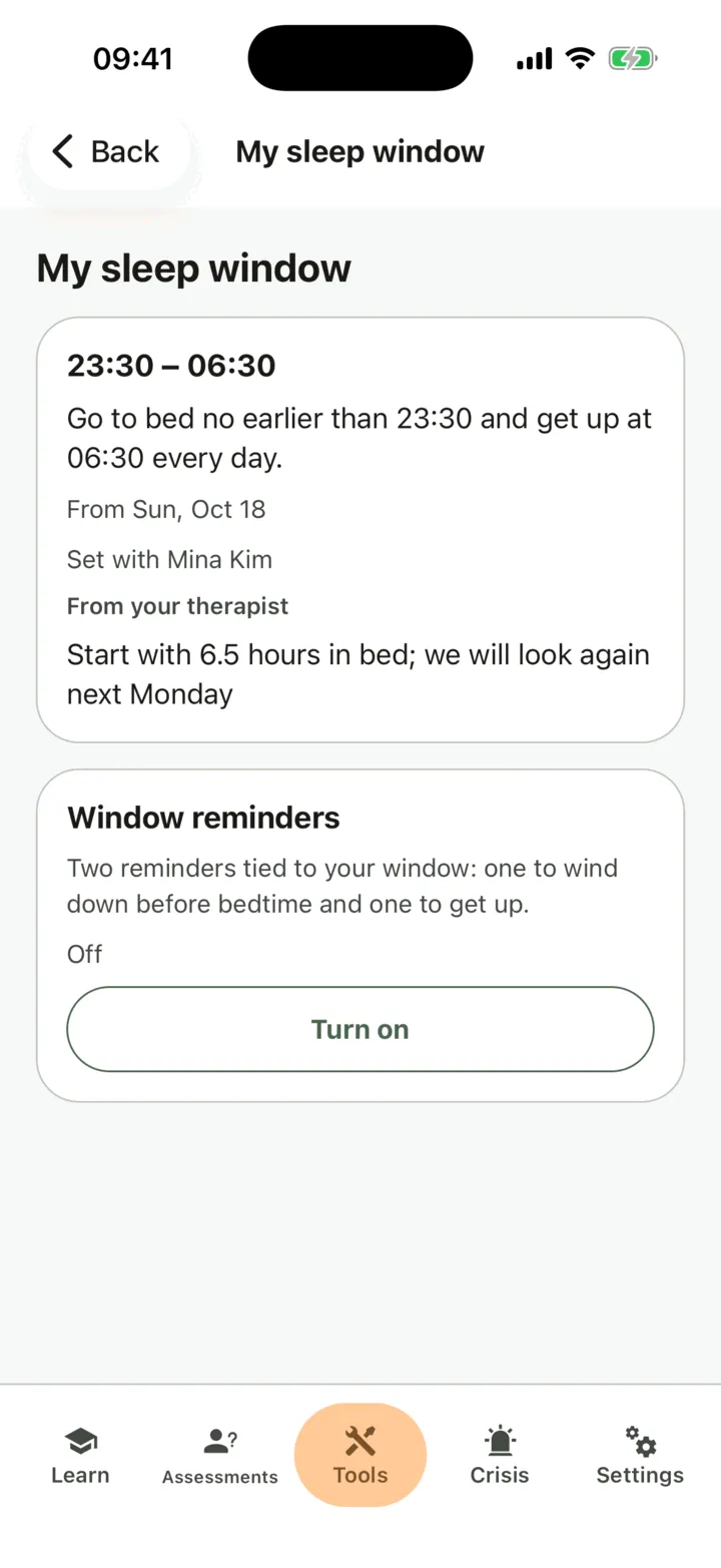 My sleep window with the bedtime and get-up time, the start day, who set it and the therapist’s note