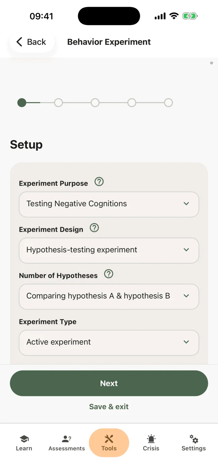 The Setup step with the experiment type chosen