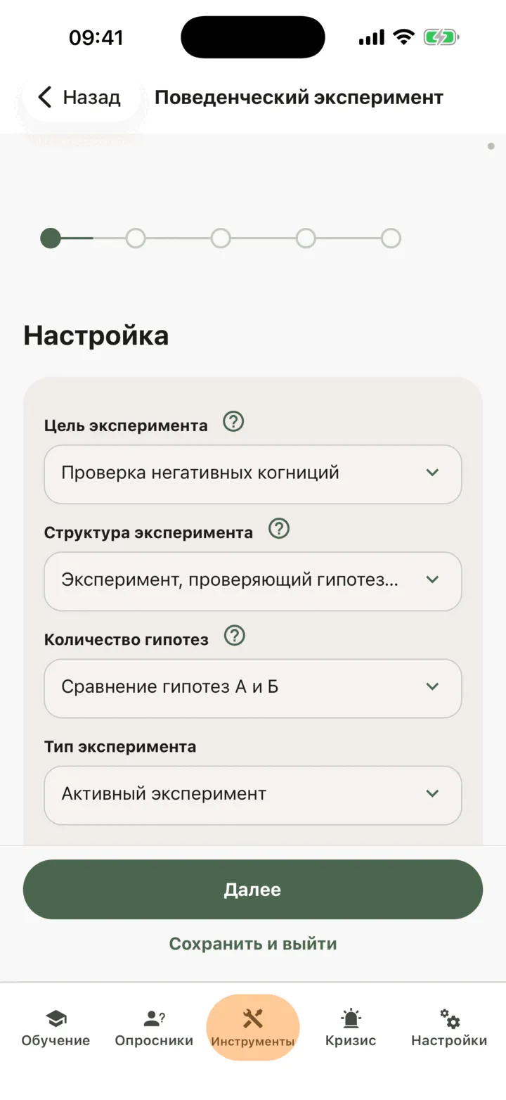 Шаг настройки с выбранным типом эксперимента
