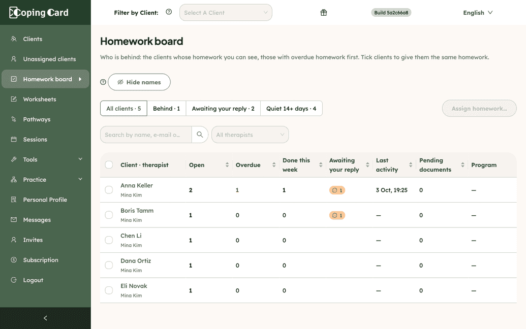 The Homework board: open, overdue and done homework for each client