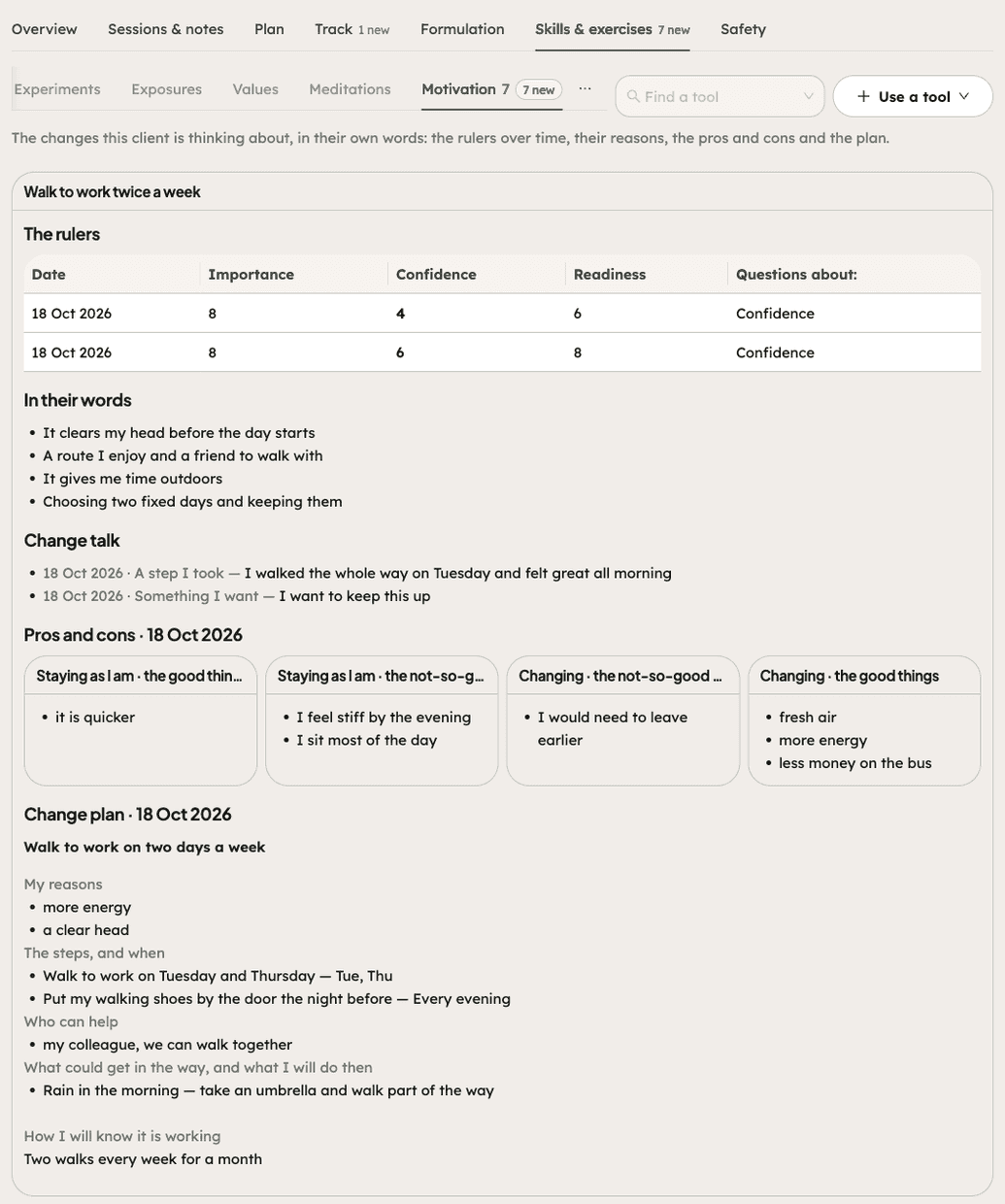 A client’s Motivational interviewing section in the CopingCard portal: the change “Walk to work twice a week”, the rulers over time with confidence in bold, the client’s own words, change talk, the four boxes of pros and cons and the change plan.