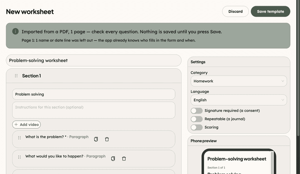 A paper form imported as an editable worksheet