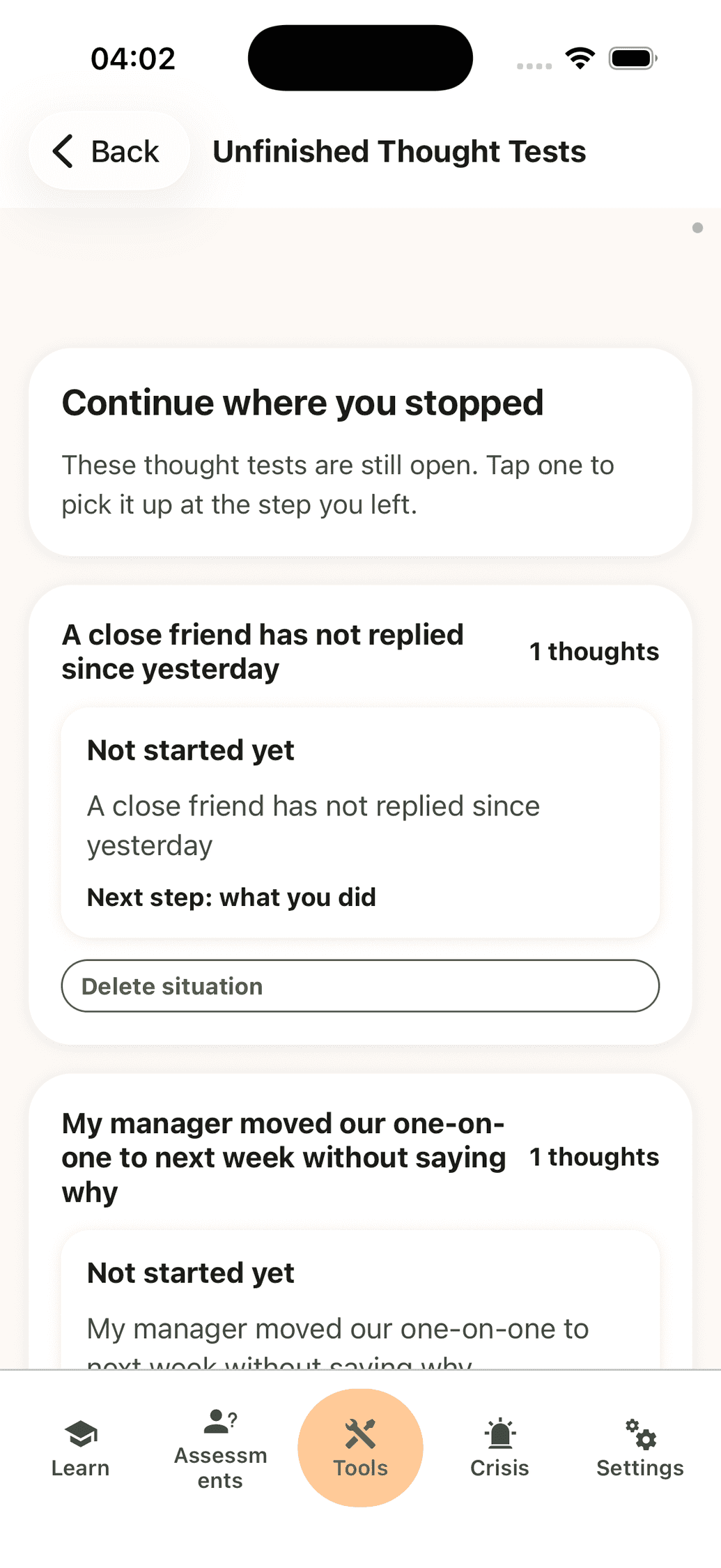 Continue where you stopped — unfinished thought tests grouped by situation