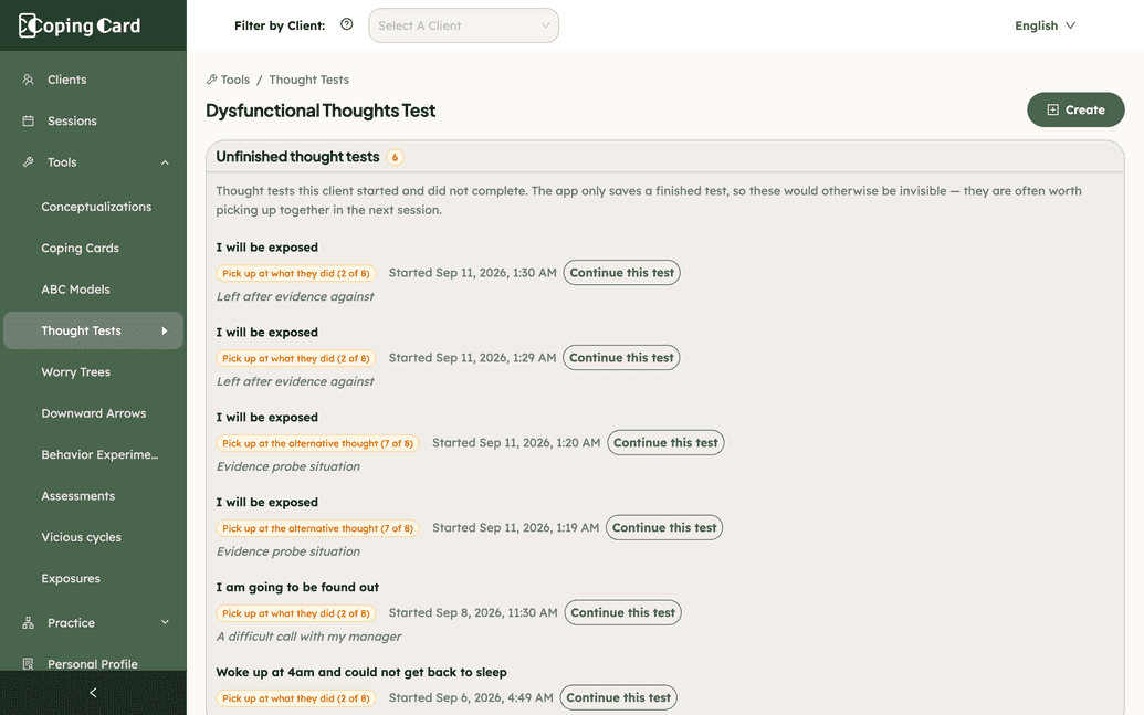 Unfinished thought tests for a client in the provider platform