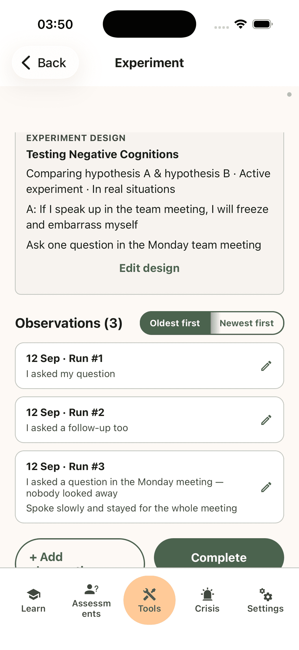 An experiment with its list of observations