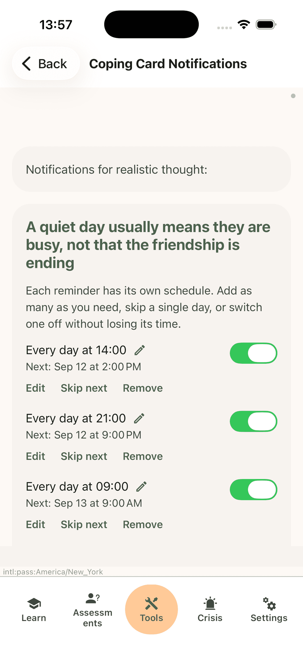 Time-based reminder schedules for a coping card