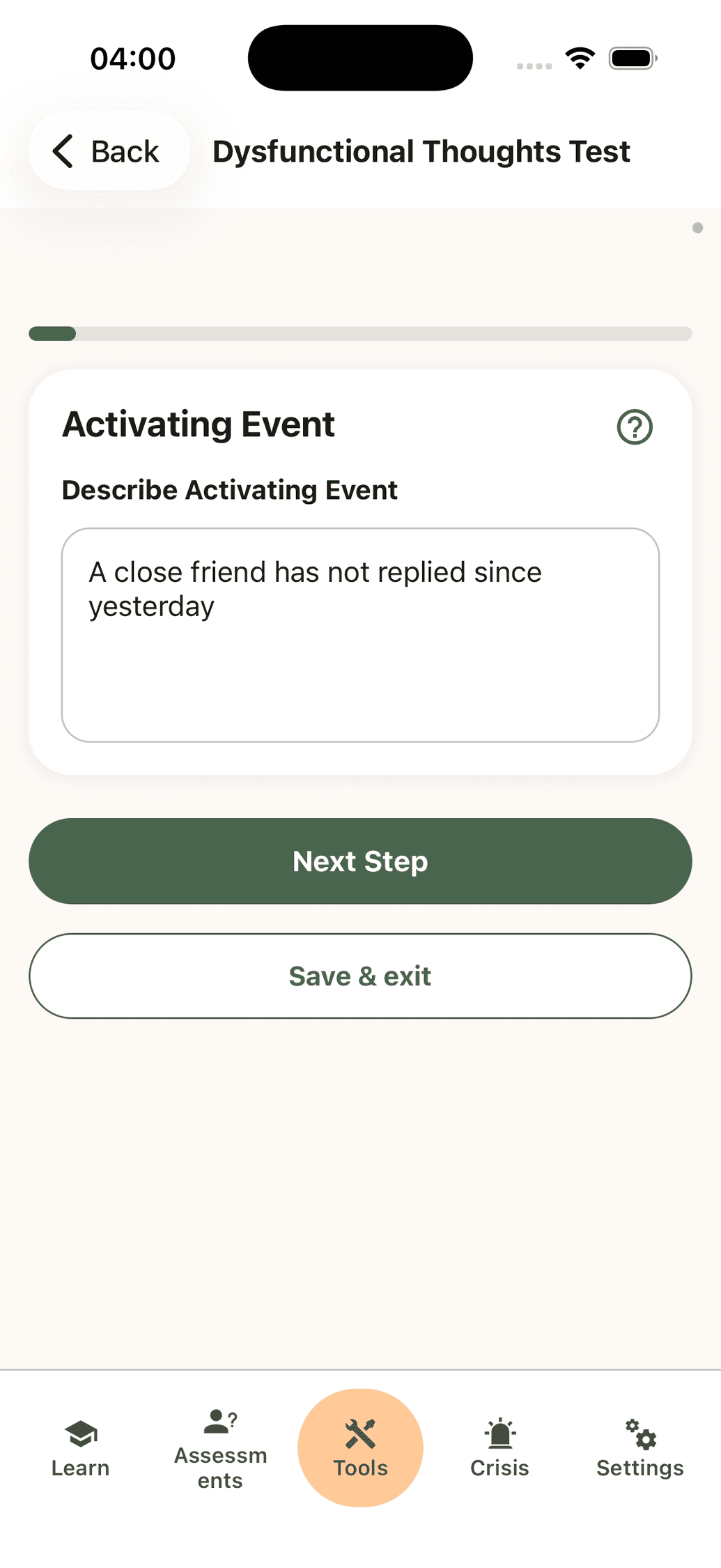 The event step of a thought test in the CopingCard mobile app