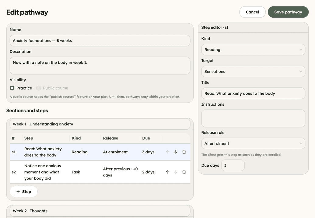 Building a pathway of homework steps in the provider platform